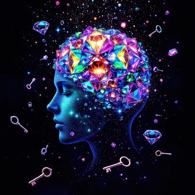 The primary subject of the image is a head with a colorful, geometric pattern of diamonds and other shapes. The head is surrounded by various keys, which are scattered throughout the scene. The setting appears to be a dark background, which contrasts with the bright colors and patterns of the head. The visual style of the image is a combination of digital art and illustration, creating a unique and eye-catching design. The dominant colors and overall atmosphere of the image are vibrant and energetic, with the diamond pattern and